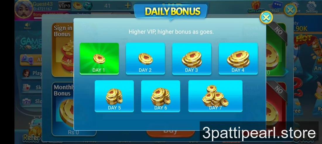 3 Patti Pearl daily bonus screen showing a seven day sign in streak with increasing coin rewards