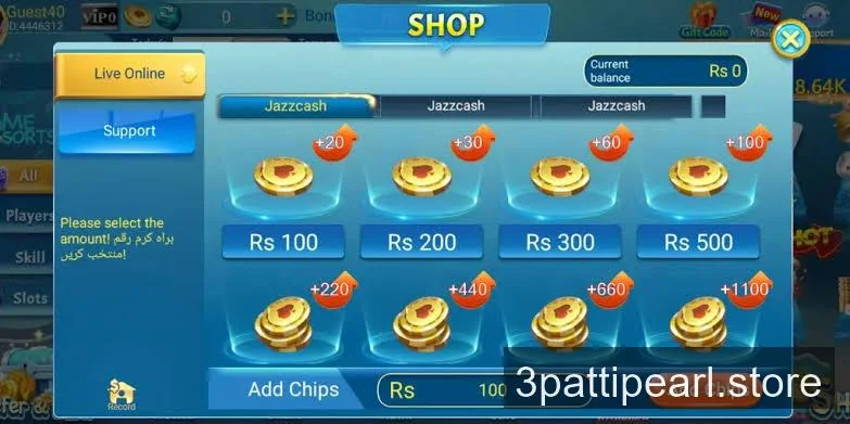 3 Patti Pearl Shop screen showing deposit tiers Rs 100 plus 20, Rs 200 plus 30, Rs 300 plus 60 and Rs 500 plus 100 bonus chips
