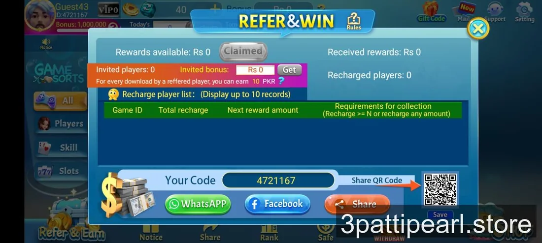 3 Patti Pearl Refer and Win screen showing 10 PKR per referred download, referral code and recharge player list