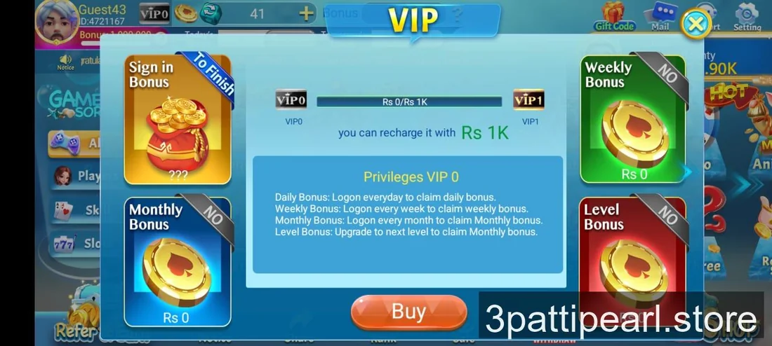 3 Patti Pearl VIP screen showing VIP 0 privileges and Rs 1000 recharge required to reach VIP 1